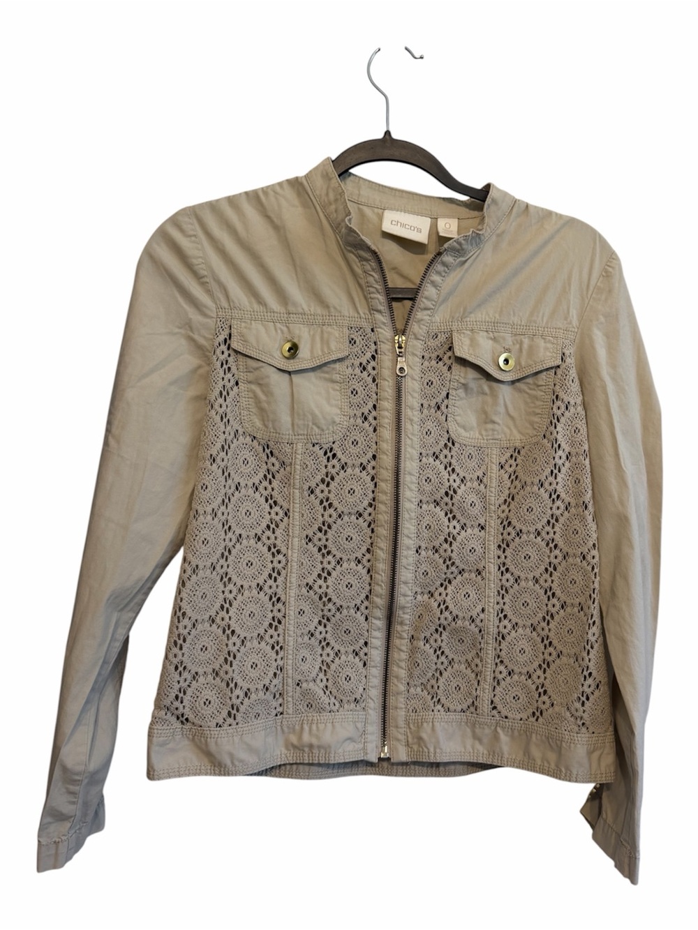 Chico's Crochet-Panel Zip Front Jacket in Taupe